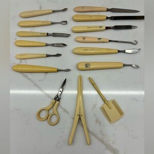 Antique Lot of 15 Assorted French Ivory Handled Tools Manicure Button Hook